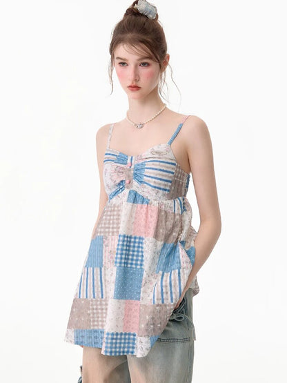Color-Blocked Floral Plaid Tank Top【s0000017674】