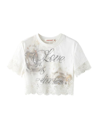 Lace false two pieces splicing short-sleeved T-shirt【s0000009694】