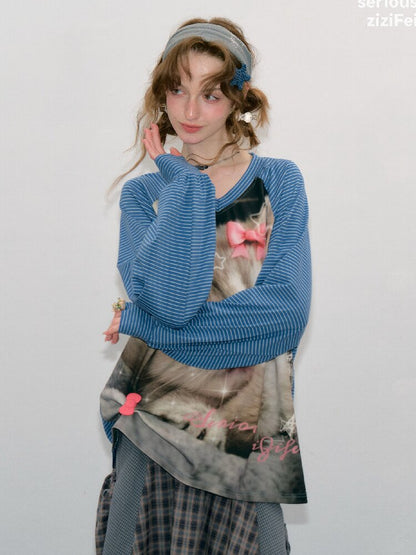 Striped Cat Print Sweatshirt Top【s0000017881】