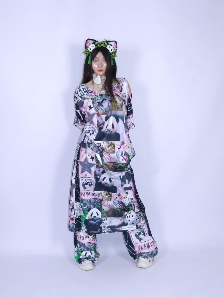 Panda Patchwork Print Off-Shoulder T-Shirt【s0000013979】