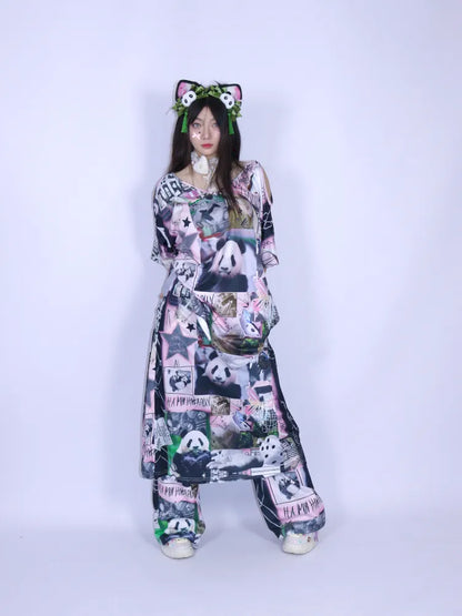 Panda Patchwork Print Off-Shoulder T-Shirt【s0000013979】