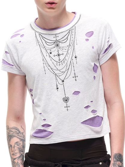 Rhinestone necklace ripped t-shirt【s0000012596】