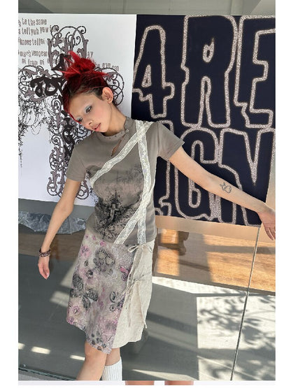 Cross Wing Print Cotton Cheongsam T-Shirt【s0000018064】