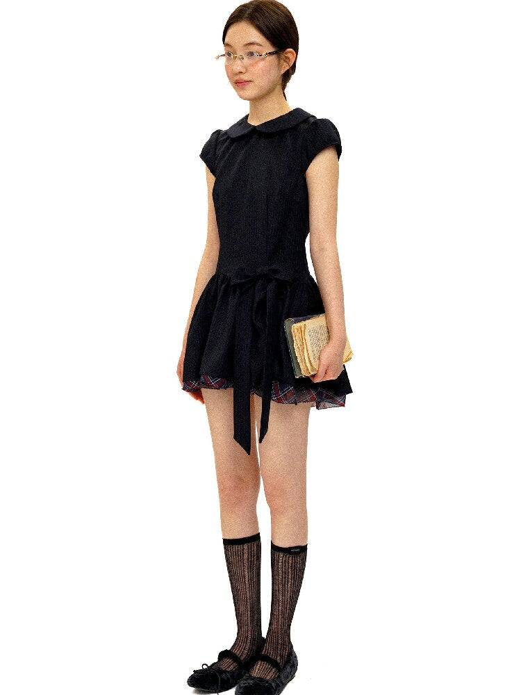 Preppy Dark Check Doll Neck Dress【s0000016427】