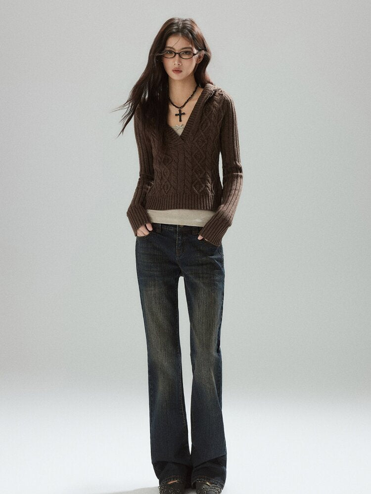 Coffee V-Neck Cropped Wool Sweater【s0000015597】