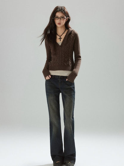 Coffee V-Neck Cropped Wool Sweater【s0000015597】