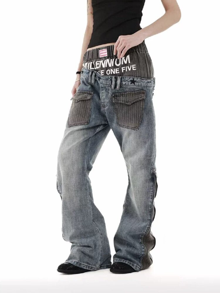 Double Waist Embroidered Baggy Jeans【s0000018246】