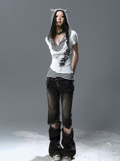 Swing Neck Striped Short Sleeve T-Shirt【s0000012807】