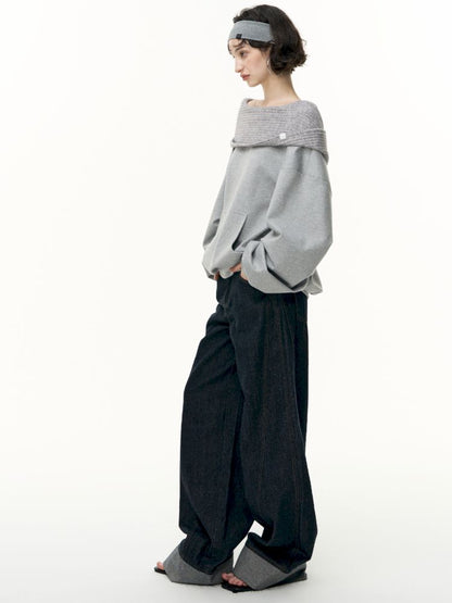 Ramped shoulder one-line collar loose pullover【s0000013735】