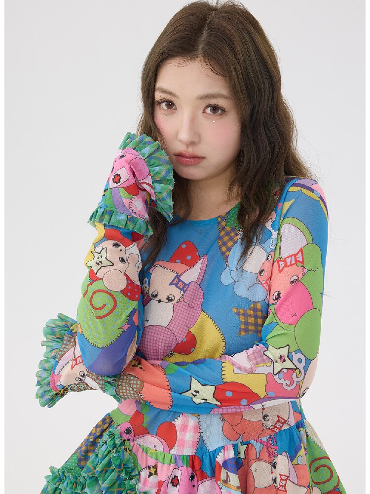 Two Color Cartoon Mesh Lace Top【s0000016197】