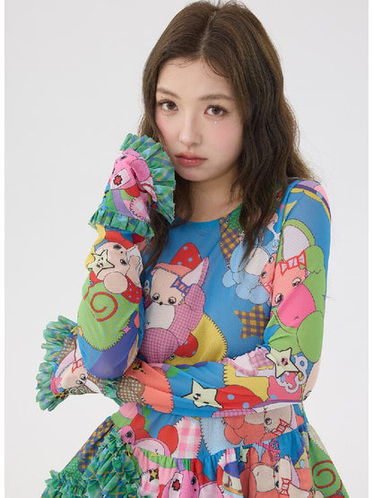 Two Color Cartoon Mesh Lace Top【s0000016197】