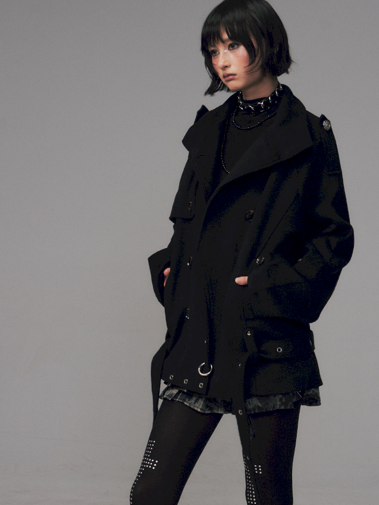 Dark Wool Double-Breasted Coat【s0000014451】