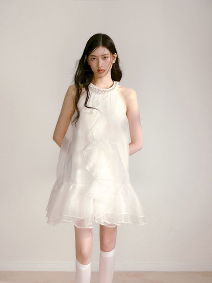 Bow Pearl Neckline Pom Pom Dress【s0000013243】