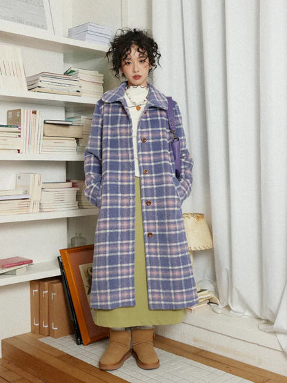 Plaid Long Purple Wool Coat【s0000013986】