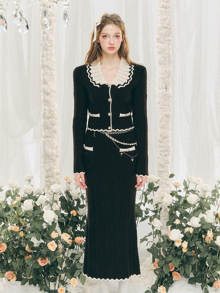 Knit Cardigan Wrap Hip Skirt Two Piece Chambray Set【s0000005286】