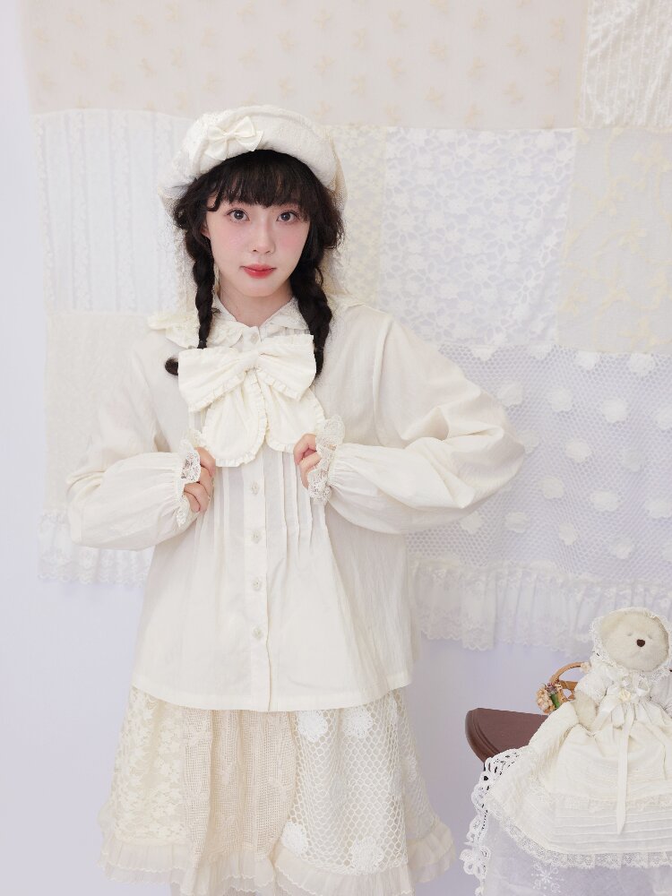 Lace Detachable Bow Pleated Shirt【s0000016501】