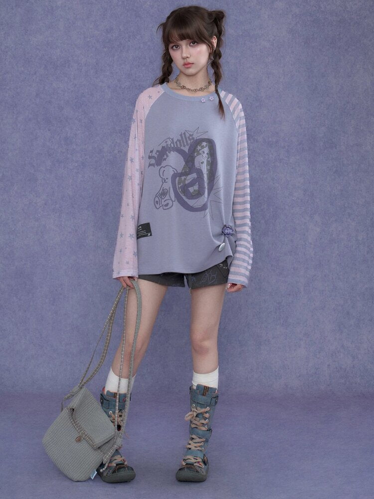 Doodle Print Raglan Sleeve T-Shirt【s0000017867】