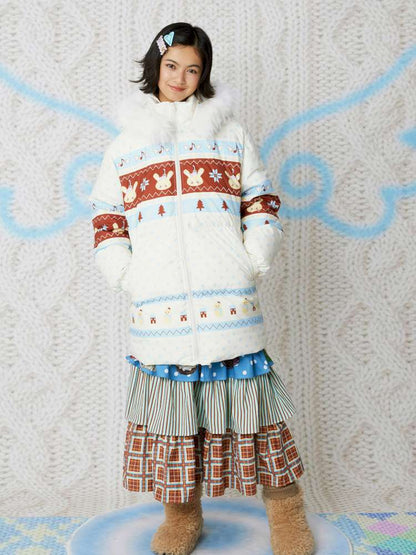Fair Isle White Hooded Print Down Jacket【s0000014858】