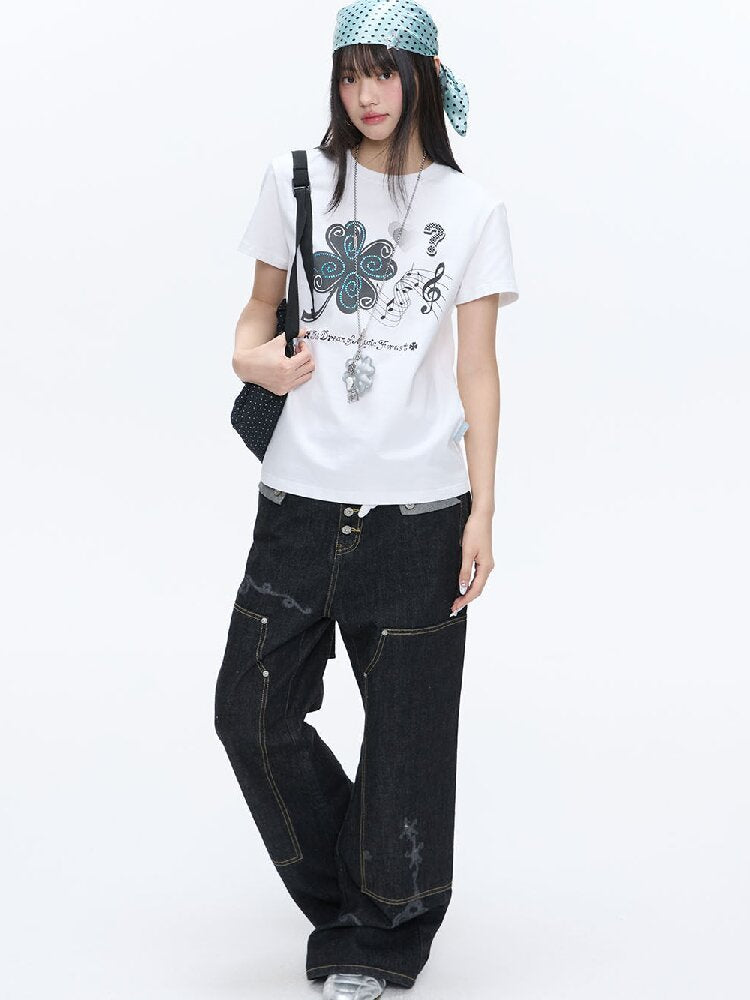 White Melody Shoulder Sleeve T-Shirt【s0000016381】