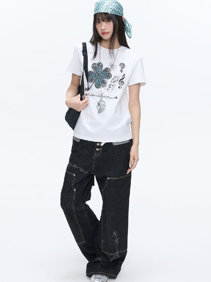 White Melody Shoulder Sleeve T-Shirt【s0000016381】