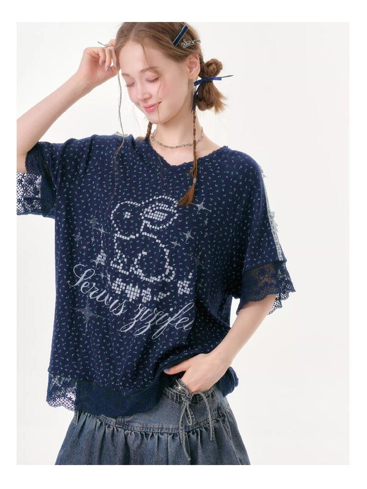 Dark Blue Rabbit Floral Lace T-Shirt【s0000016602】