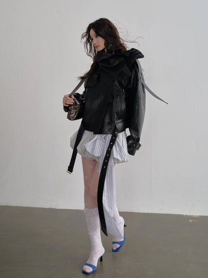 Ruffle Stand Collar PU Leather Jacket【s0000015696】