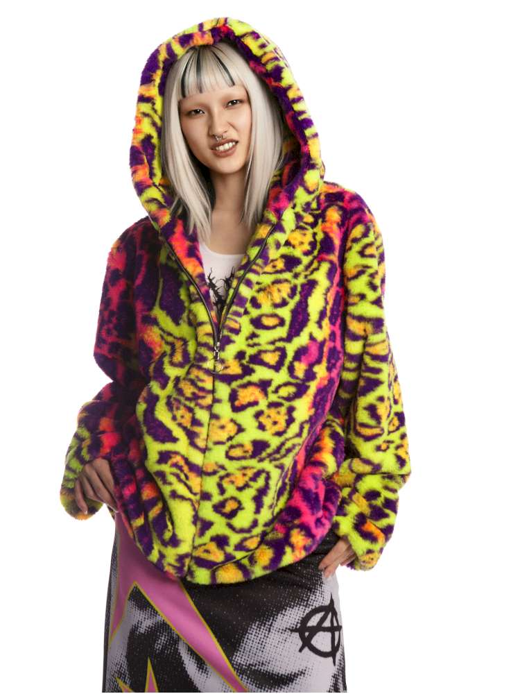 Fluorescent Neon Leopard Print Fur Hooded Jacket【s0000014912】