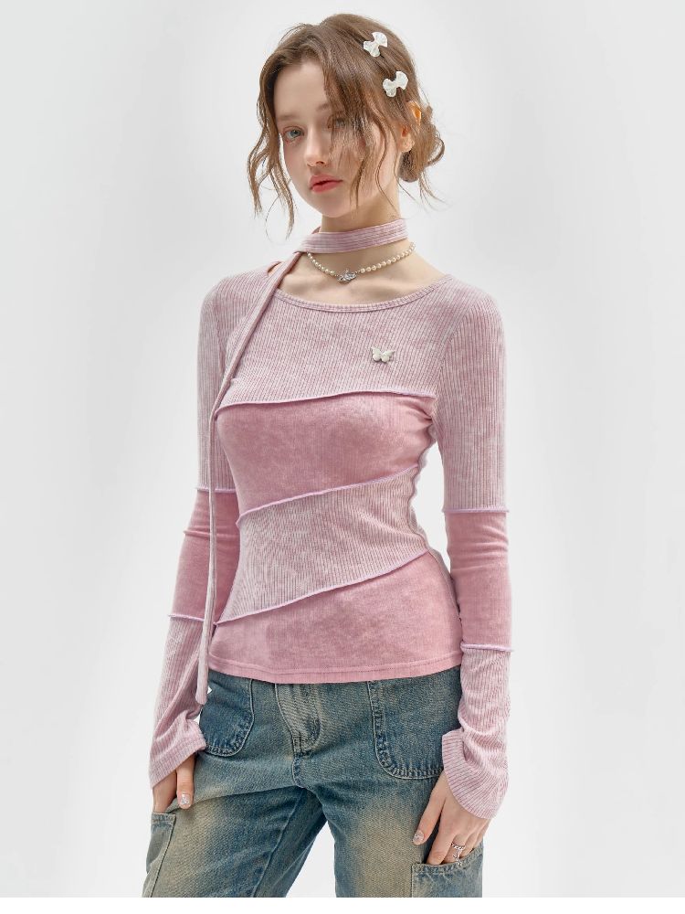 Splicing Collar Long Sleeve T-Shirt【s0000011518】