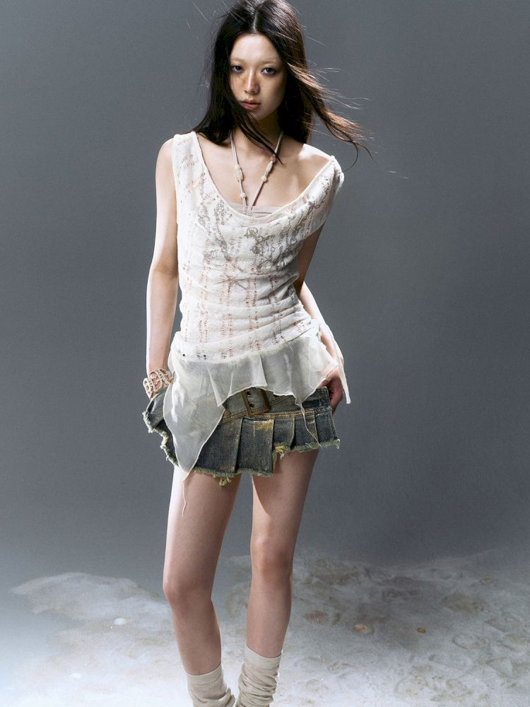 Denim pleated skirt pants【s0000012806】