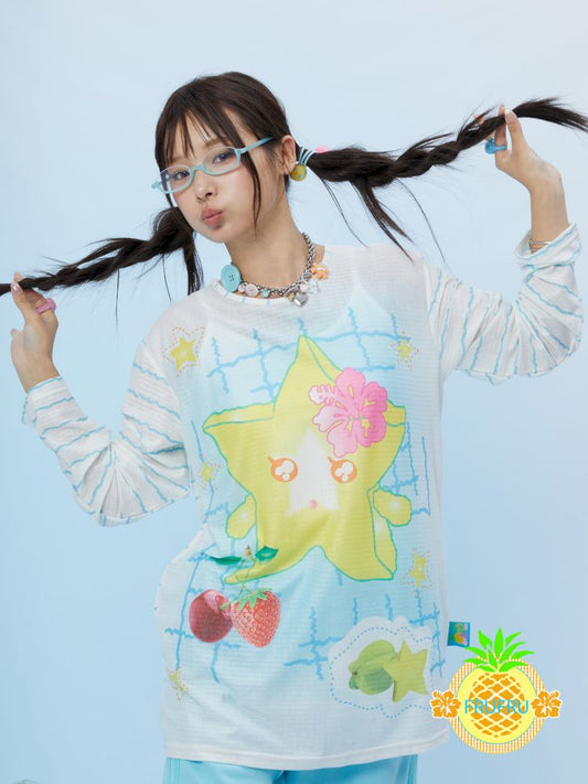 Cute cartoon starfruit print long-sleeved T-shirt【s0000012868】