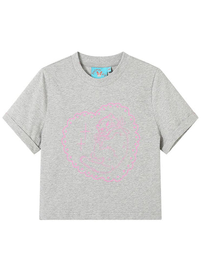 Pink Love Cat Pattern Printed Short Sleeve T-Shirt【s0000008855】
