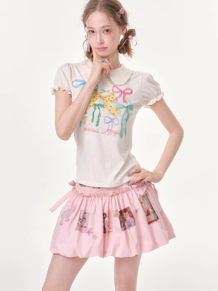 Puff Sleeve Bow Print T-Shirt【s0000016617】