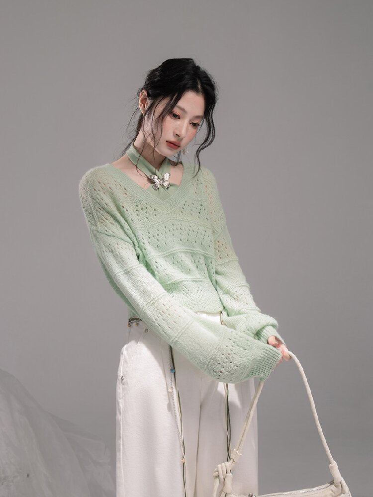 Openwork Woolen Halterneck Set【s0000015746】