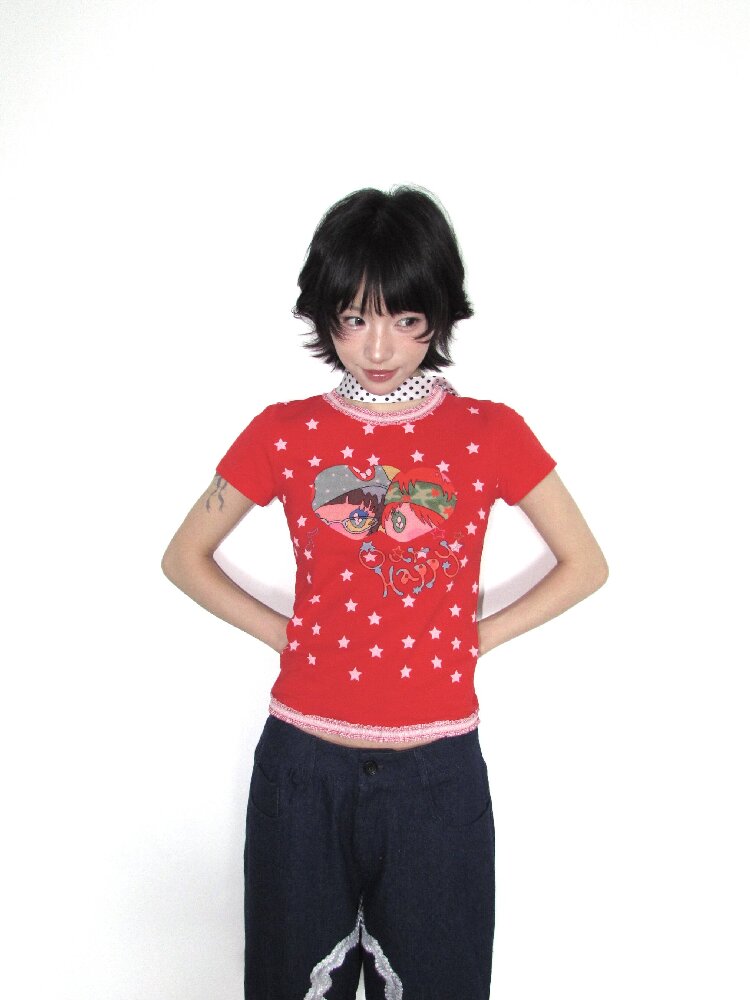Lace Cotton Mini Print Short Top【s0000018656】