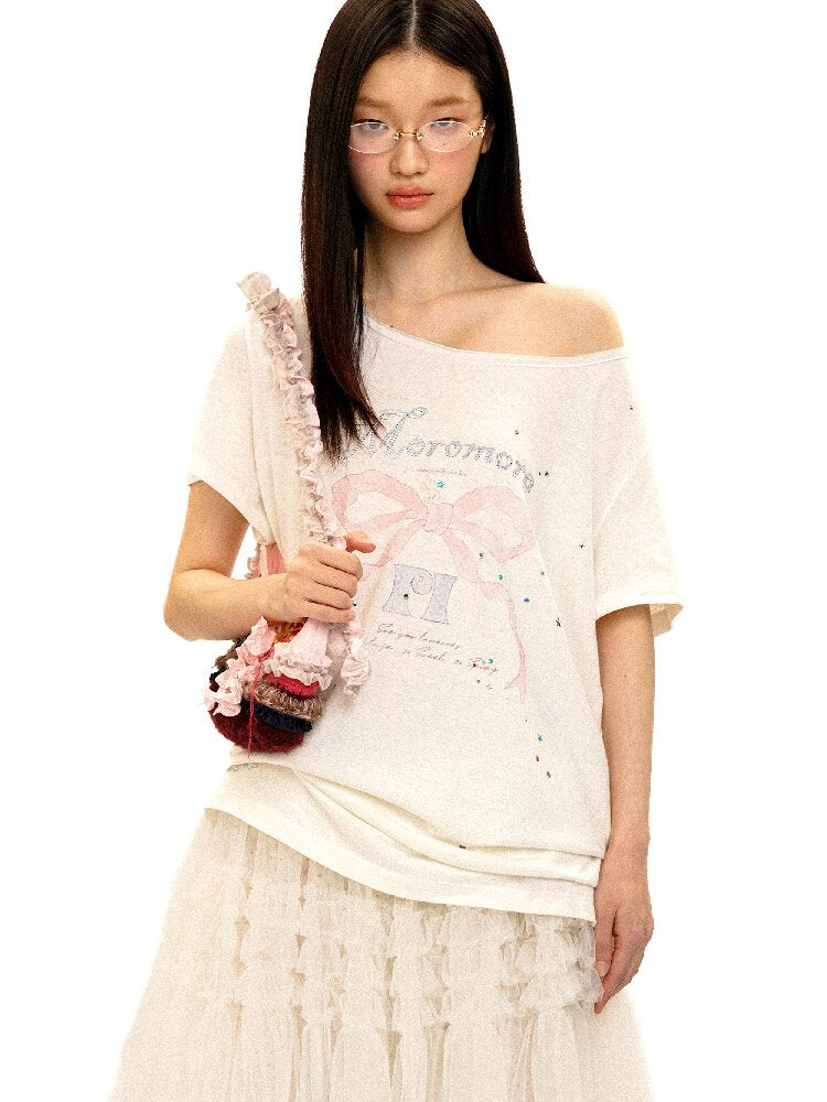Bow Print Diamond Distressed Tee【s0000016425】