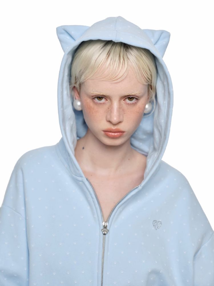 Cat's Paw Long Short Polka Dot Hooded Cardigan Sweatshirt Sweatpants Set【s0000011566】