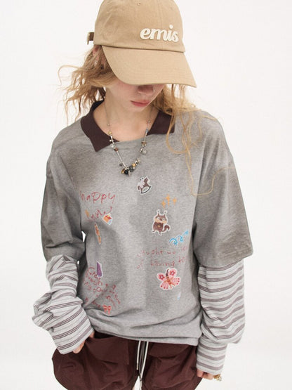 Cartoon Sticker Long Sleeve T-shirt【s0000015894】