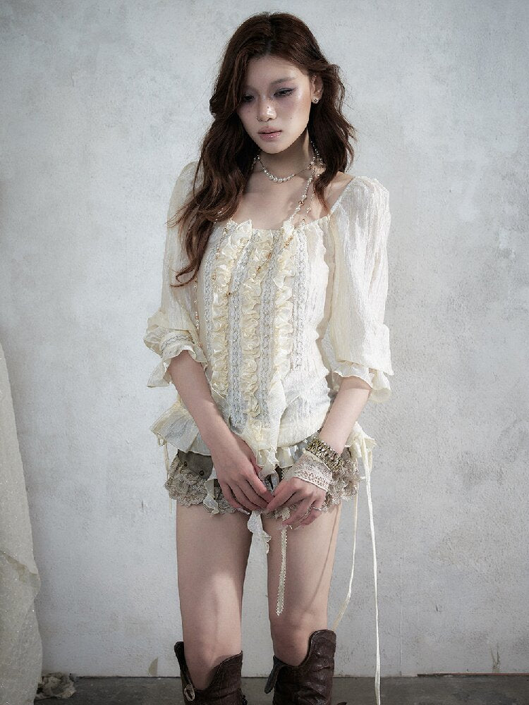 Court Acetate Puff Sleeve Top【s0000017991】