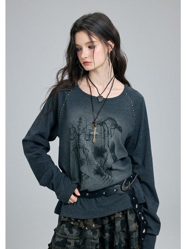 Washed Printed Rivet Knitted Top【s0000016261】