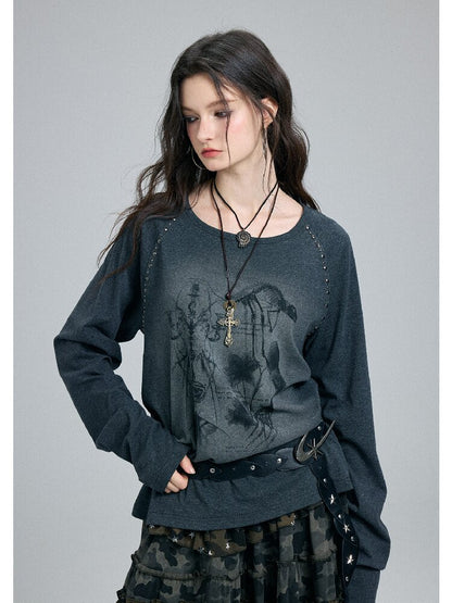 Washed Printed Rivet Knitted Top【s0000016261】