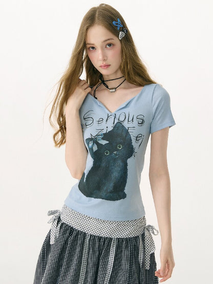 Vneck Cat Print Short Sleeve T Shirt【s0000017158】