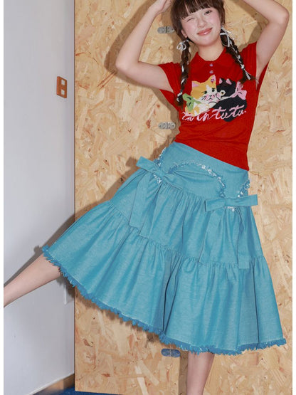 Bow Fringe Patchwork Denim Skirt【s0000013928】