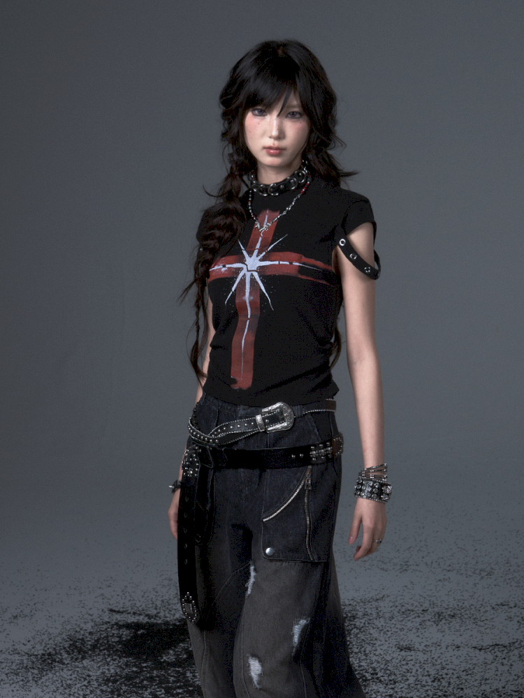 Punk Positive Shoulder Short Sleeve t-shirt【s0000012343】