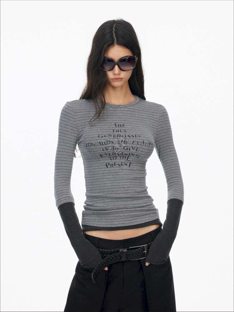 Fake Two-Piece Letter Print Slim Long-Sleeve T-Shirt【s0000014874】