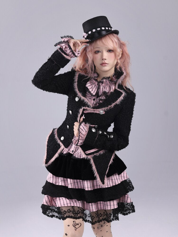 Pink Black Check Bow Flared Shirt【s0000016221】