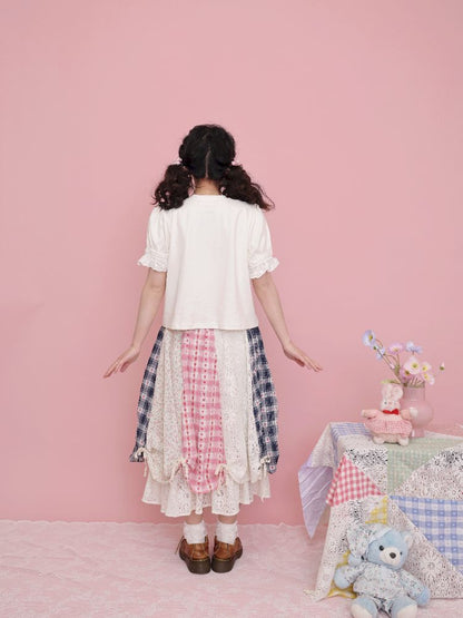 Lace Ribbon Bubble Sleeve T-Shirt【s0000012014】