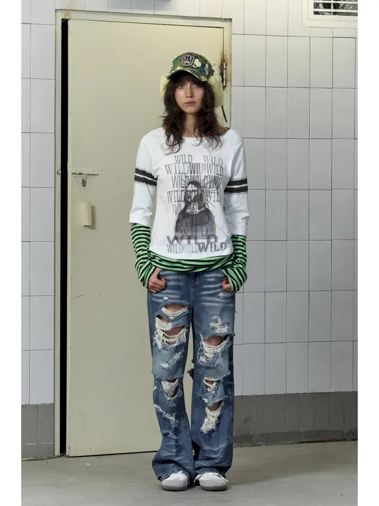 Patchwork Striped Long-Sleeve T-Shirt【s0000014207】