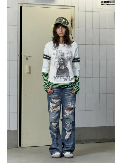 Patchwork Striped Long-Sleeve T-Shirt【s0000014207】