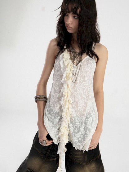 Spliced Ruffle Lace Dark Jacquard Camisole Tank Top【s0000008477】