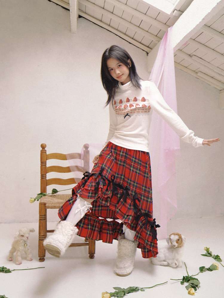 Strawberry Cake Print High-Neck T-Shirt【s0000014530】